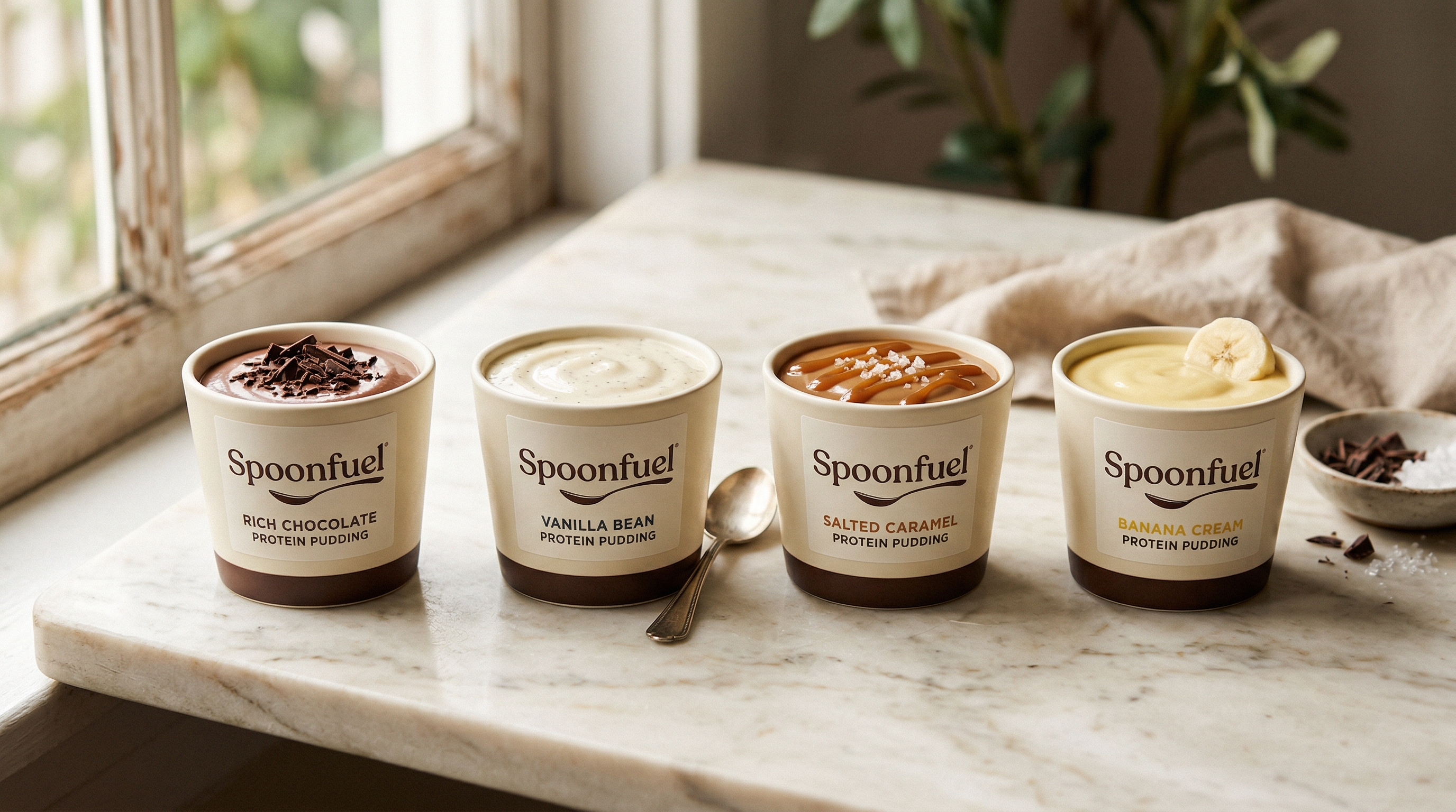 Spoonfuel pudding cups: dark chocolate, vanilla, salted caramel, and banana cream on marble